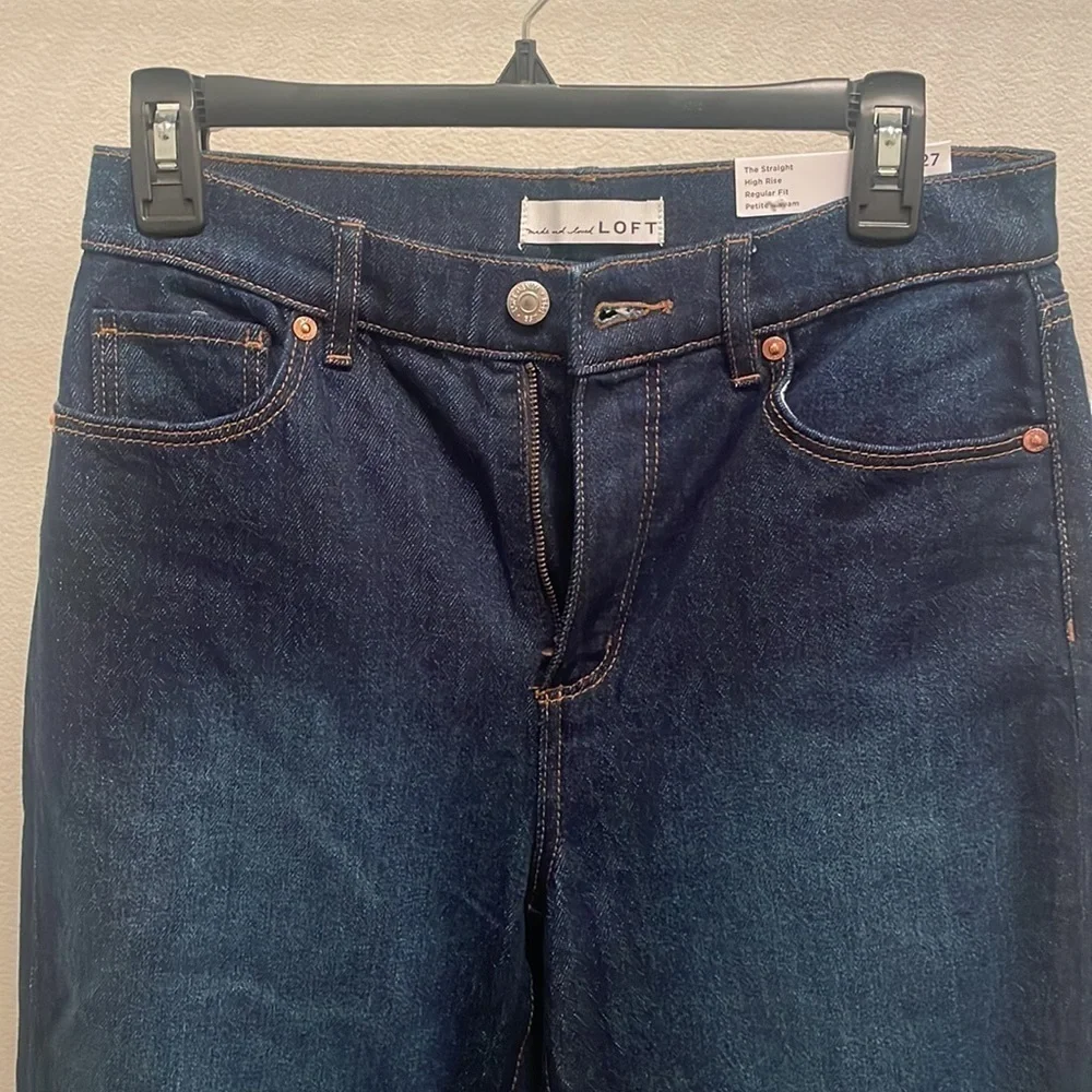 LOFT Petite High Rise Straight Jeans In Clean Dark Wash - Picture 3 of 5